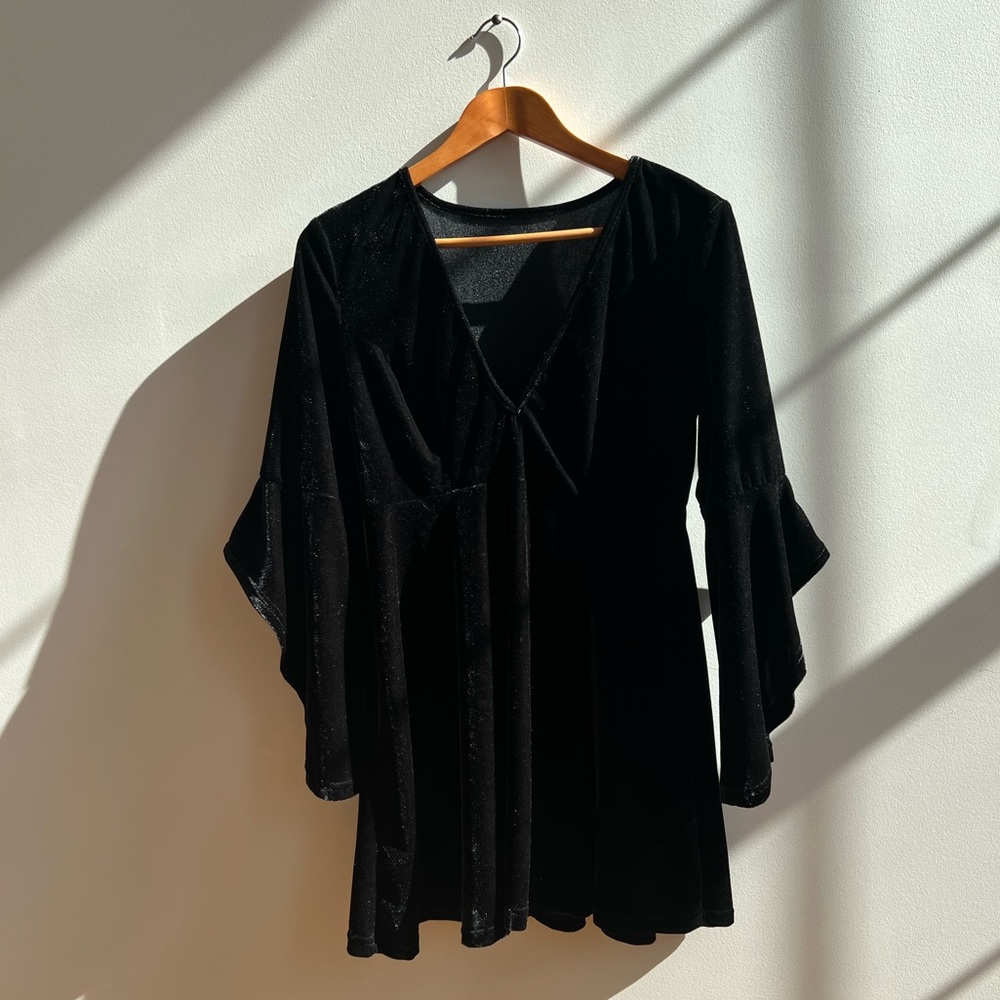 Black velvet deep v-cut dress - gorgeous sleeves
